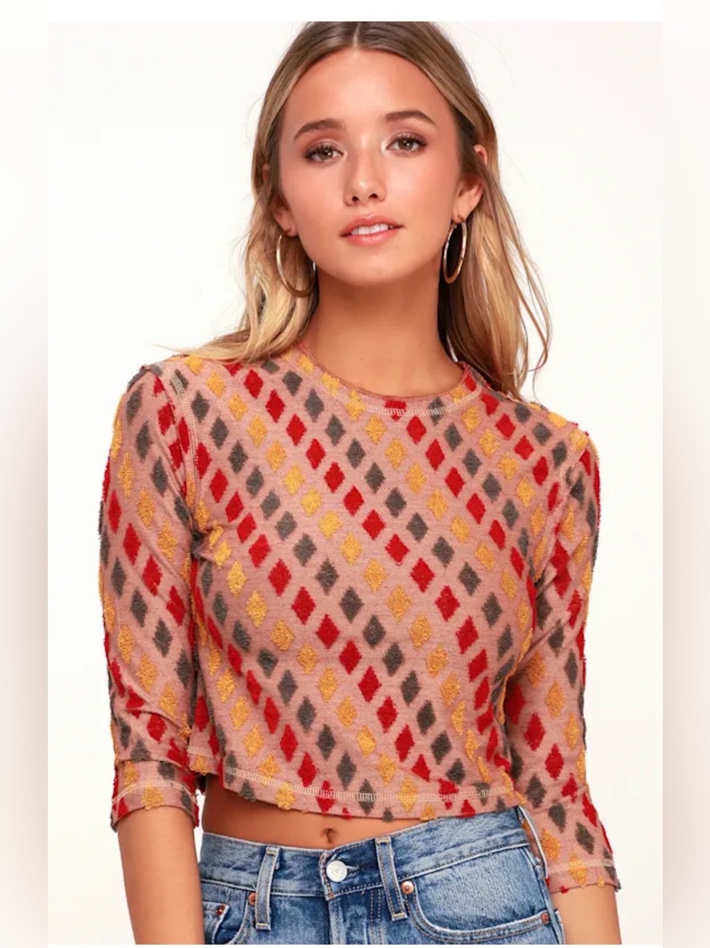 NWT Free People Magic Carpet Red Multi Terry Cloth Crop Top small $48